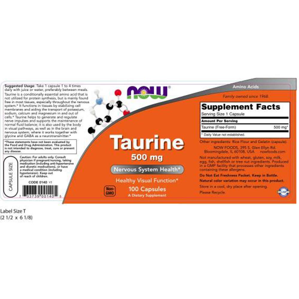 NOW Taurine 500mg bottle – 100 capsules – pack of 3 – back label