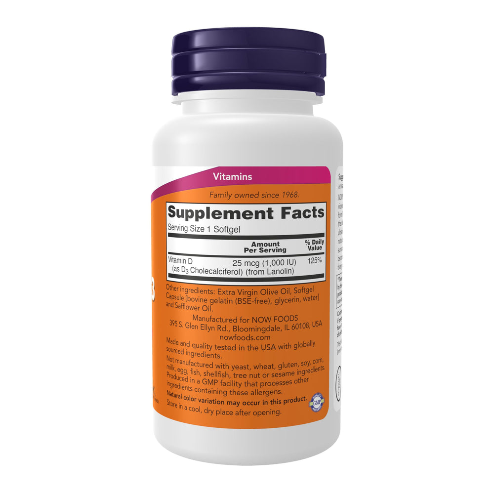 NOW Vitamin D-3 1,000 IU softgels label