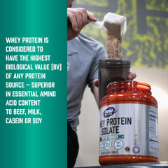 Beige tub of NOW Whey Protein Isolate unflavored