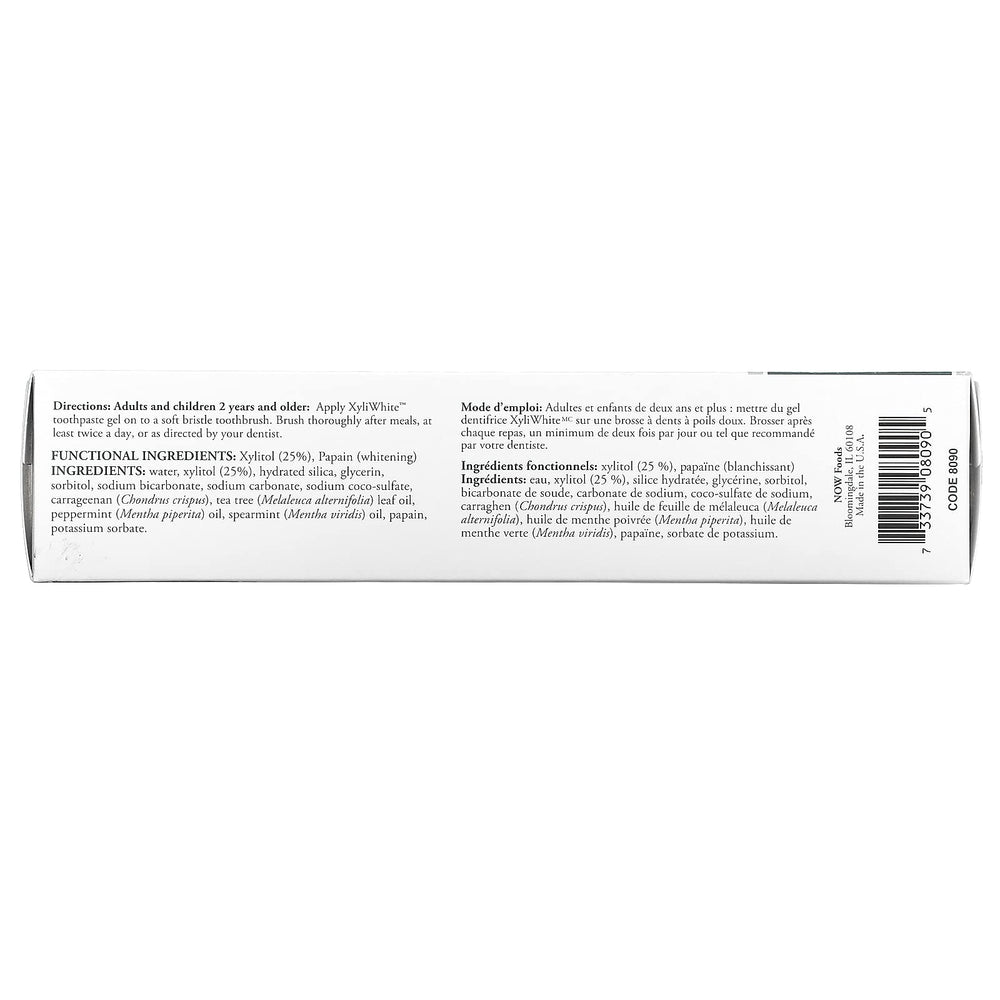 Close-up of NOW Xyliwhite Refreshmint toothpaste tube 6.4 oz