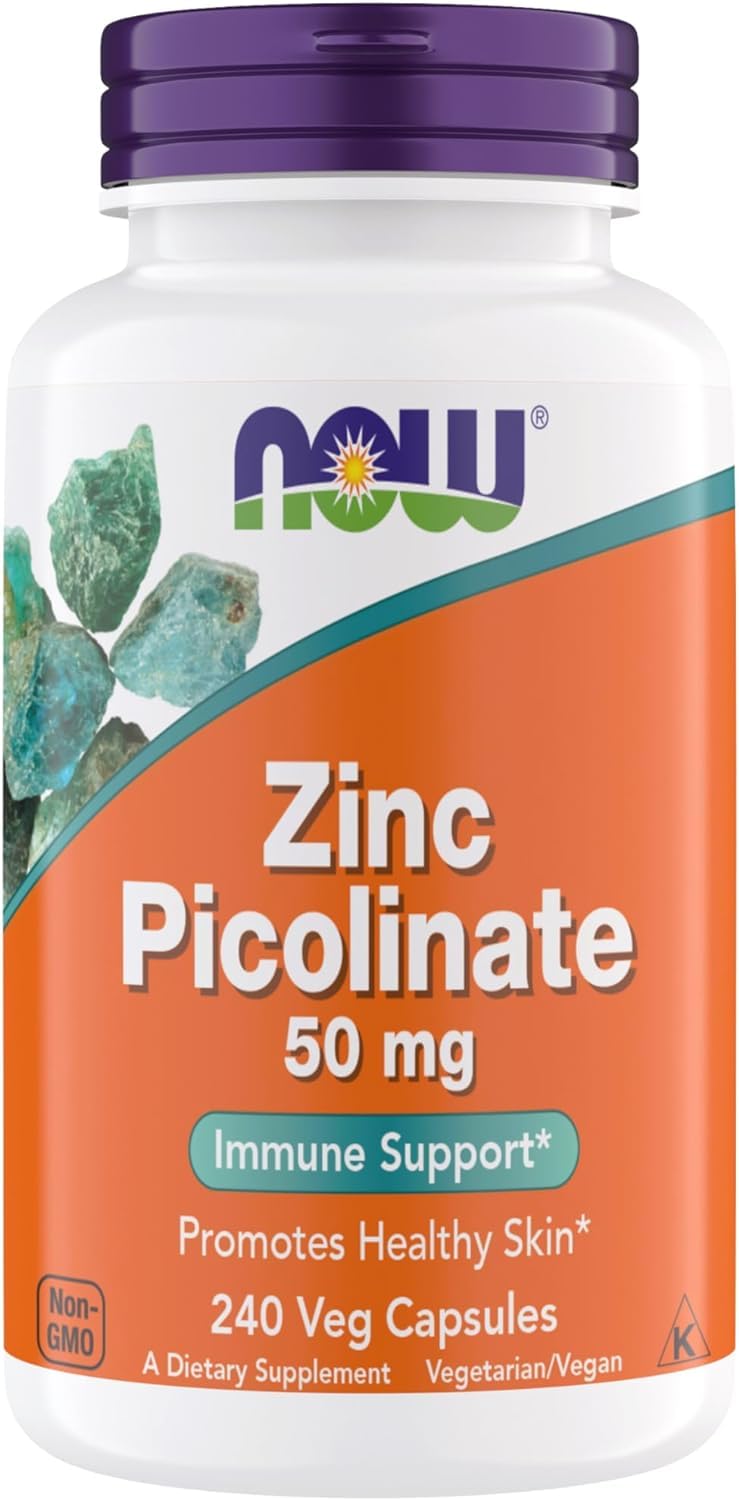 NOW Zinc Picolinate 50 mg bottle front packaging with 240 vegetarian capsules