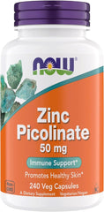 NOW Zinc Picolinate 50 mg bottle front packaging with 240 vegetarian capsules