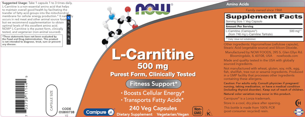 NOW Foods L-Carnitine 500 mg label shows non-GMO, kosher quality.