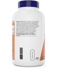 NOW Foods L-Carnitine 500 mg label shows non-GMO, kosher quality.
