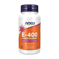 NOW Foods Vitamin E-400 mixed tocopherols bottle front supports daily wellness.