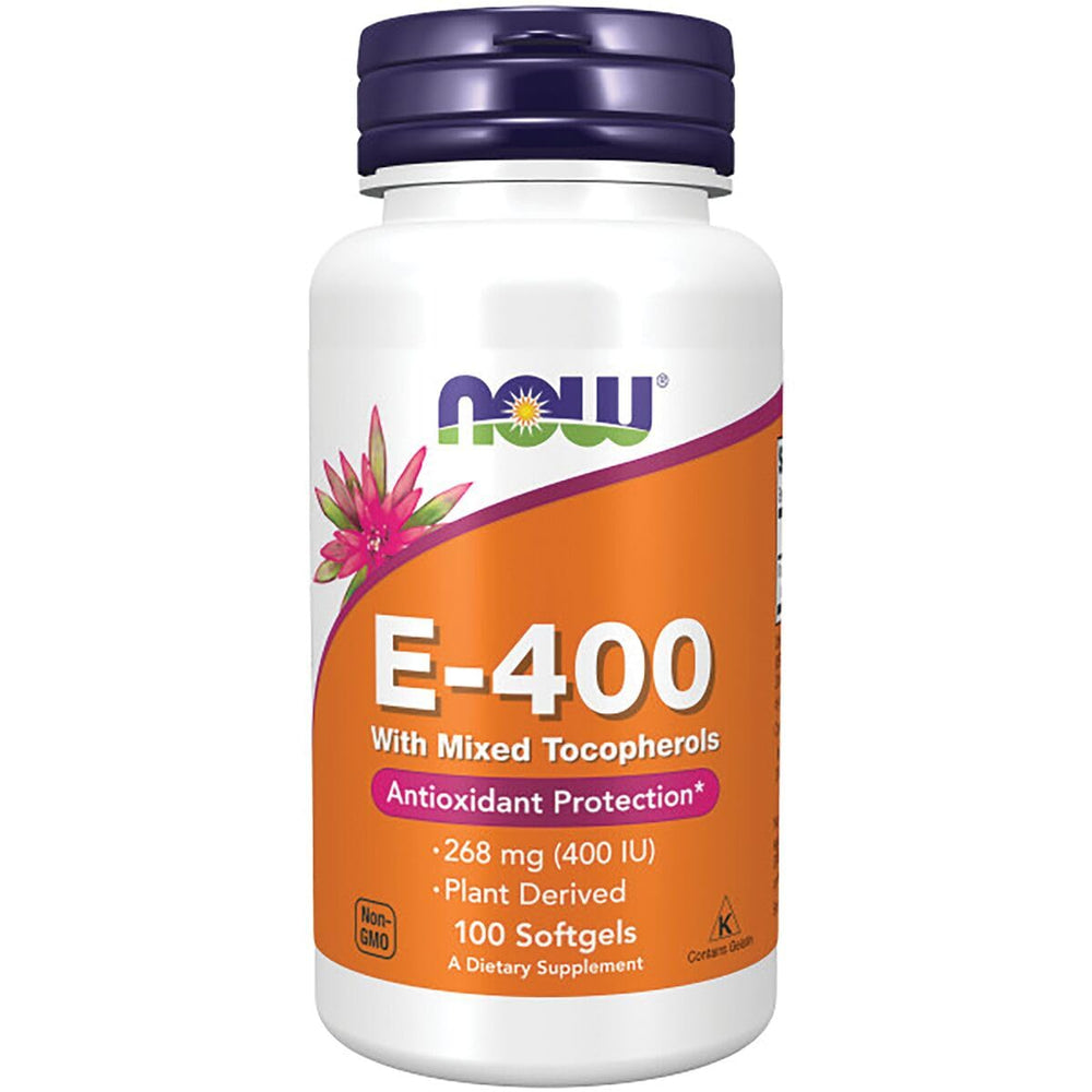 NOW Foods Vitamin E-400 mixed tocopherols label view shows tocopherol blend.