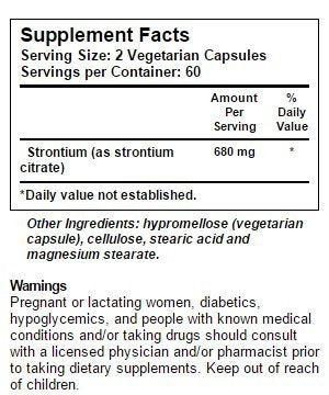 Bottle label for NSI Strontium supplement with 680 mg per serving, 120 vegetarian capsules