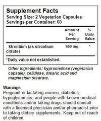 Bottle label for NSI Strontium supplement with 680 mg per serving, 120 vegetarian capsules
