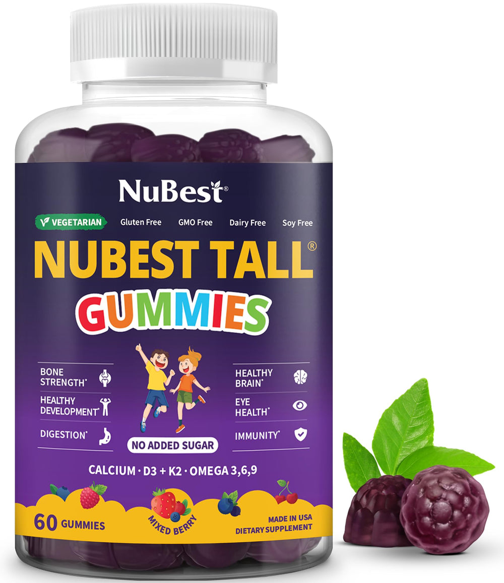 NuBest Tall Gummies for Kids 2+ bottle showing bone health benefits