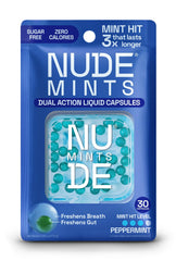 Front view of NUDE MINTS dual-action mints packaging