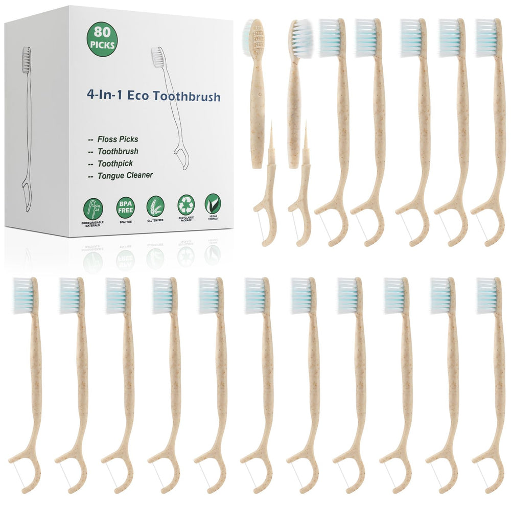 NUDUKO 4-in-1 travel toothbrush with floss picks, toothpick and tongue scraper