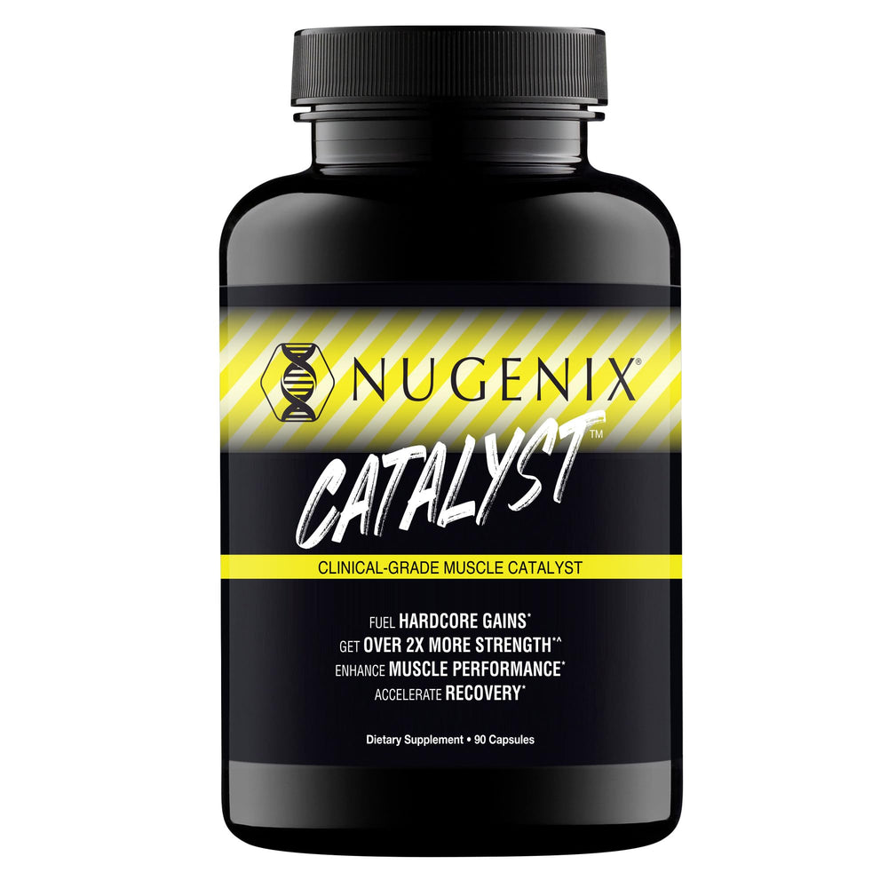 Nugenix Catalyst bottle and capsules on a gym bench