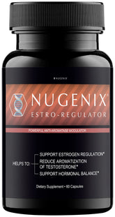 Nugenix Estro-Regulator bottle front showcasing DIM-based formula for hormonal balance.