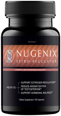 Nugenix Estro-Regulator bottle front showcasing DIM-based formula for hormonal balance.
