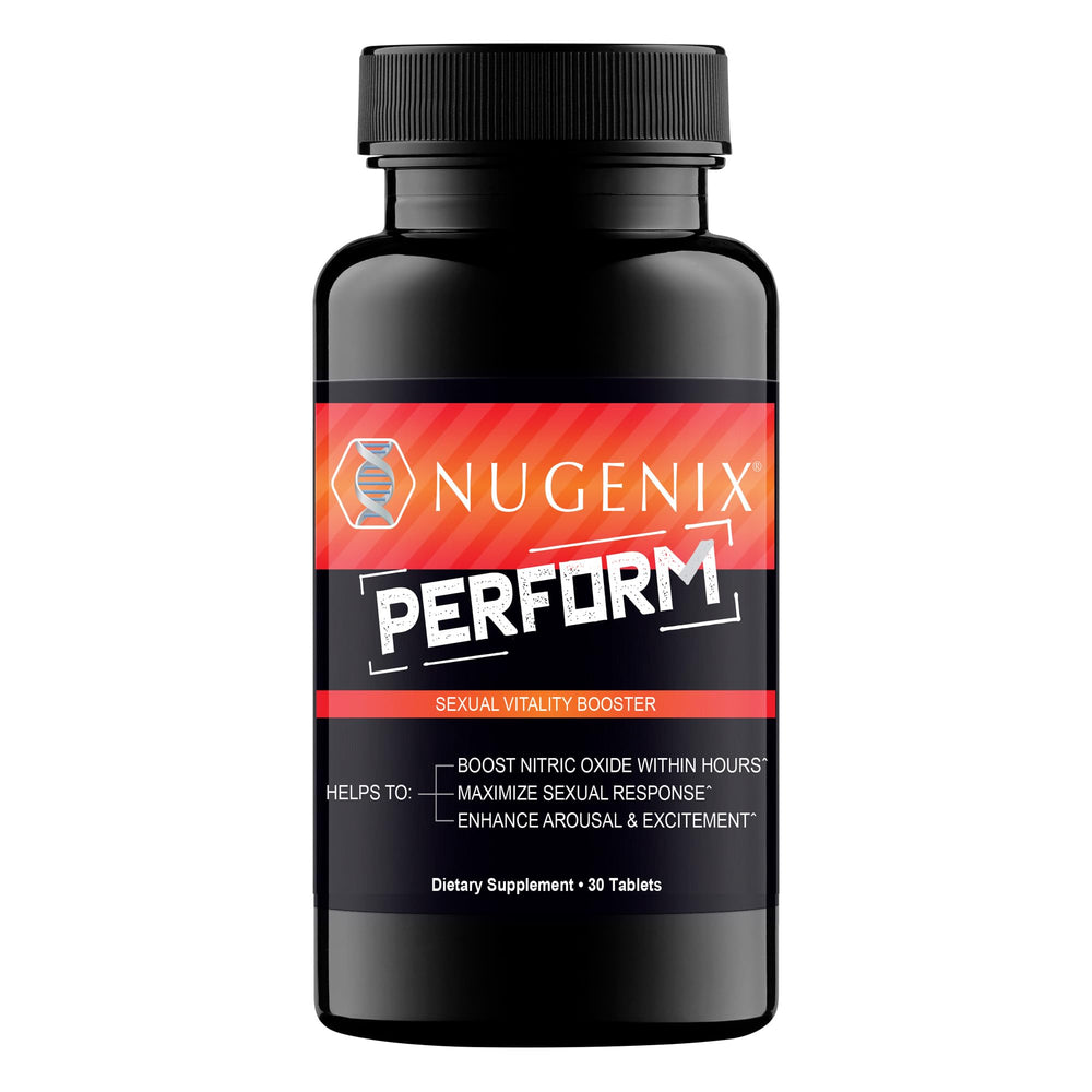 Nugenix Perform bottle on counter for daily vitality support and focus.