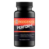 Nugenix Perform bottle on counter for daily vitality support and focus.