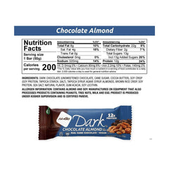 NuGo dark chocolate almond sea salt bar close-up shows almonds and glossy chocolate, crave-worthy.