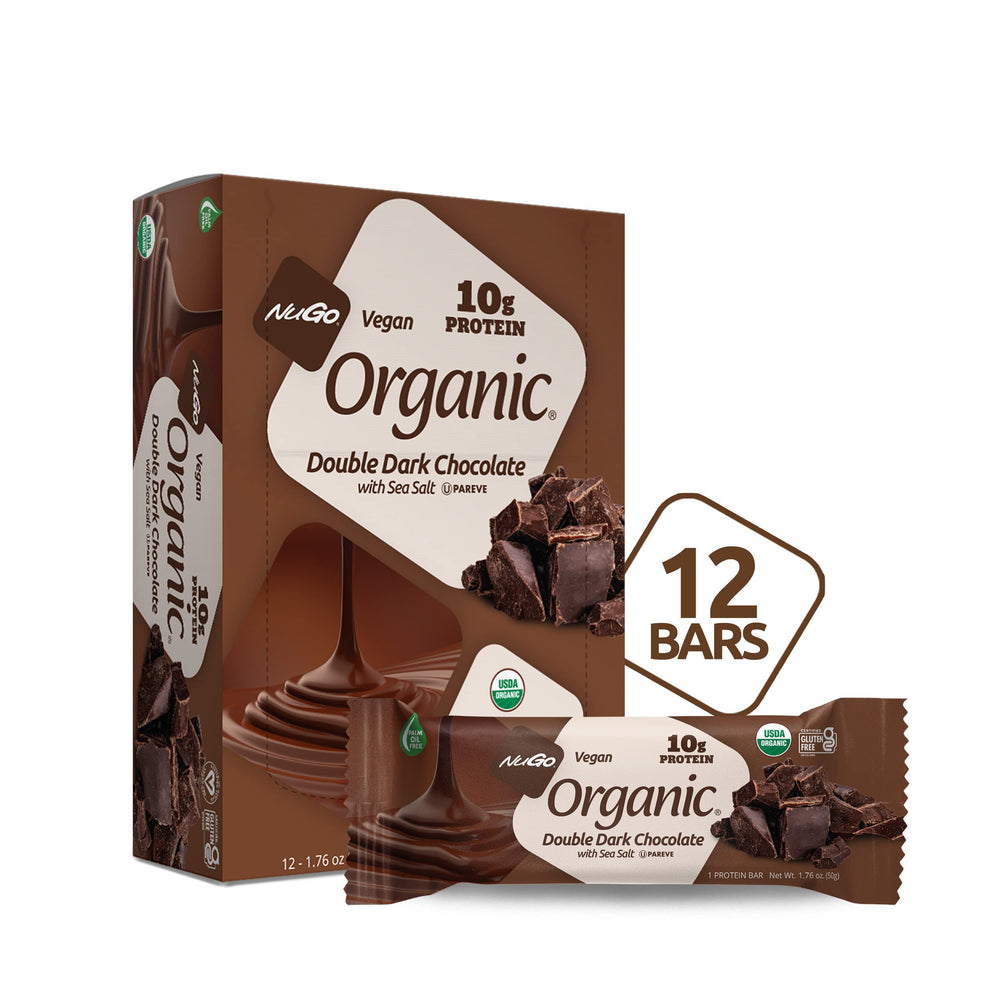 NuGo Organic Double Dark Chocolate packaging highlighting plant-based protein snack.
