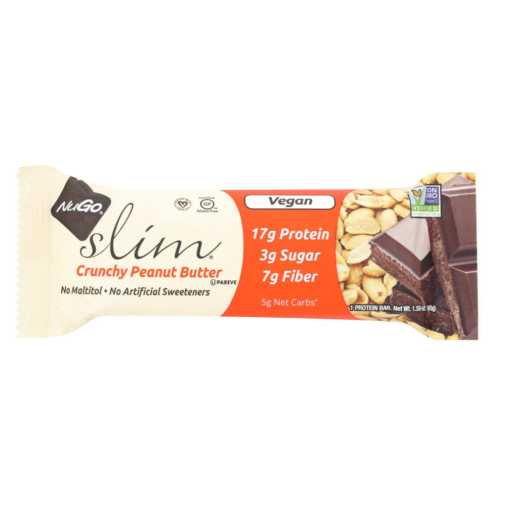 NuGo Slim Crunchy Peanut Butter bar close-up for a quick, satisfying snack