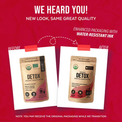 Numami Detox Smoothie packaging label with organic and cruelty-free seals signals trusted superfood quality.