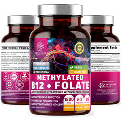 Front view of Number One Nutrition Methylated B12 + Folate bottle, 60 vegan capsules