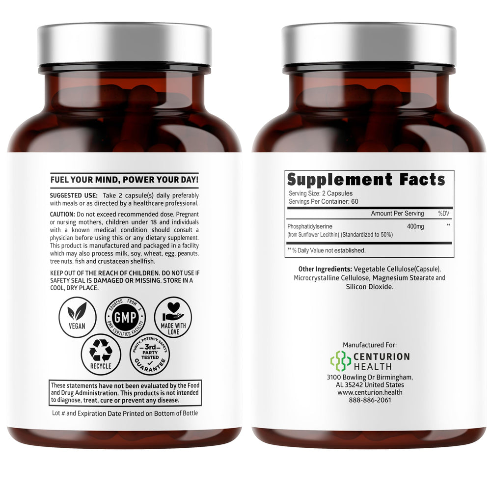 Close-up of product label highlighting sunflower lecithin as the phosphatidylserine source