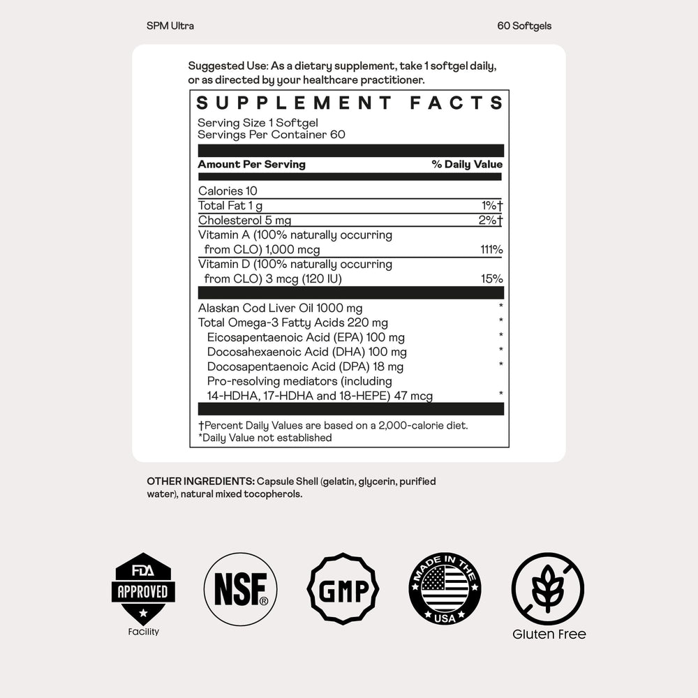 Nutrition facts showing DHA, EPA, and DPA on bottle label