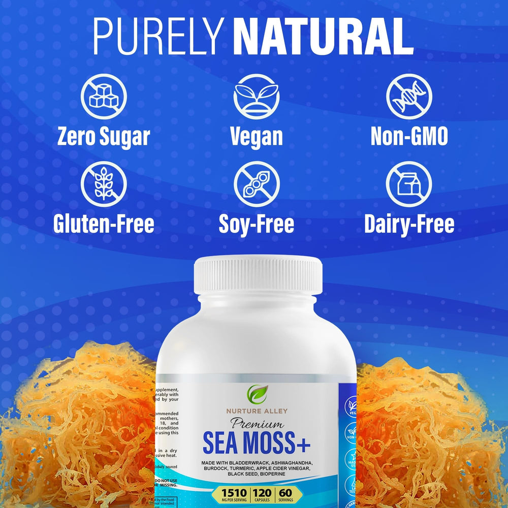 NURTURE ALLEY arranged ingredients display of sea moss and herbs, highlights botanical blend