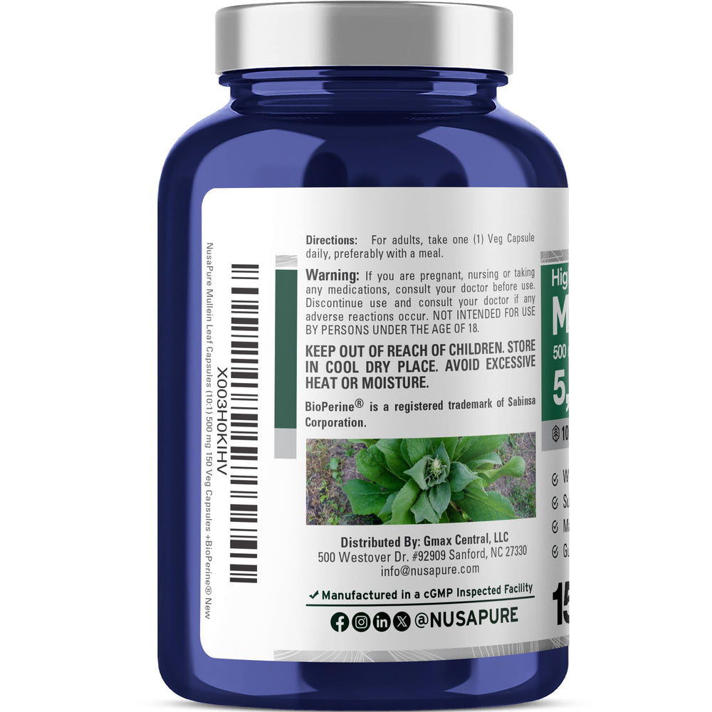 Mullein leaf capsules showing 500 mg per capsule, 5,000 mg equivalent