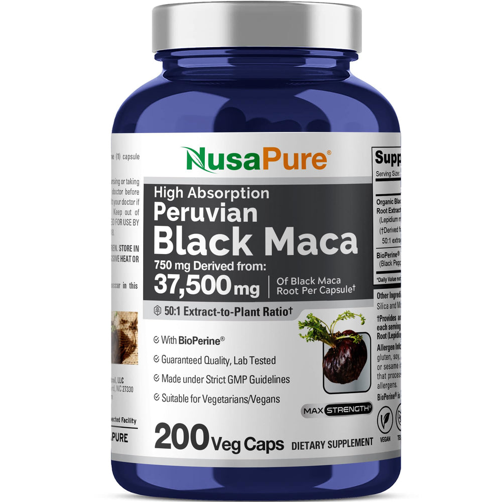 Bottle of NusaPure Black Maca Root 50:1 Extract with 750 mg per capsule and 200 vegan capsules