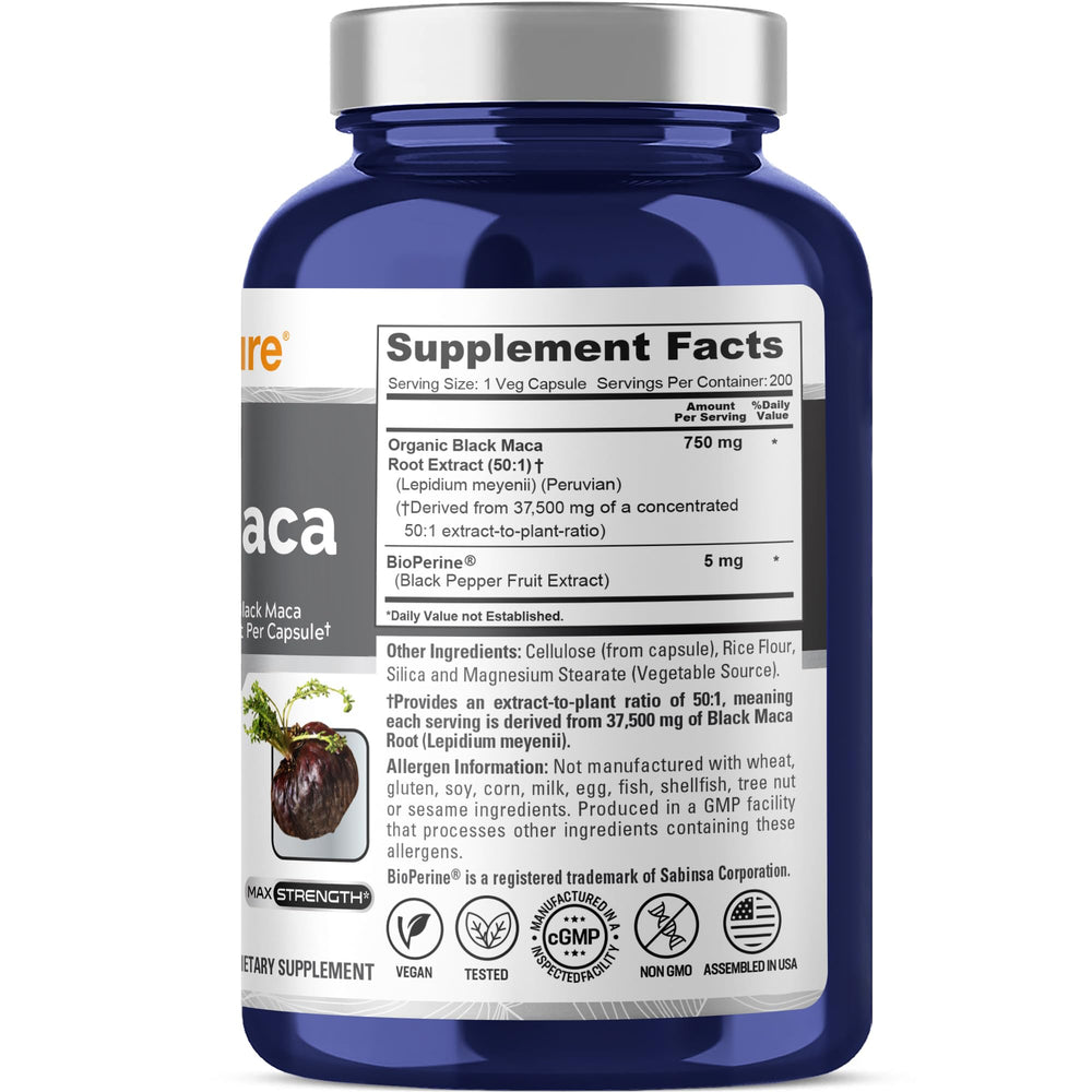 Close-up label showing 50:1 maca extract potency on NusaPure product