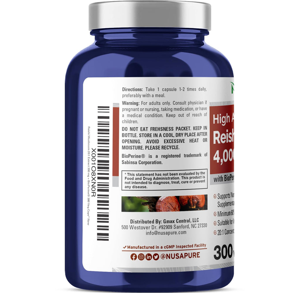 NusaPure Reishi product label highlighting vegan and non-GMO