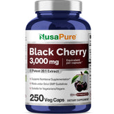 Front view of NusaPure Black Cherry Extract bottle showing 3,000mg per capsule and 250 capsules