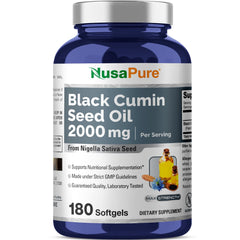 NusaPure Black Seed Oil bottle displaying 2000mg per serving