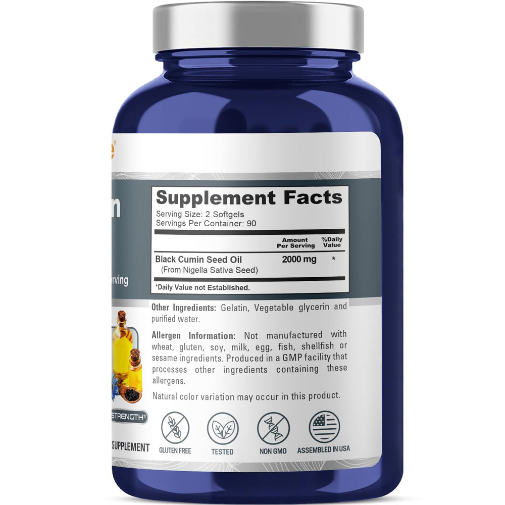 Close-up of cold-pressed hexane-free black seed oil softgels