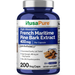 Bottle of NusaPure French Maritime Pine Bark Extract 400mg Veggie Caps
