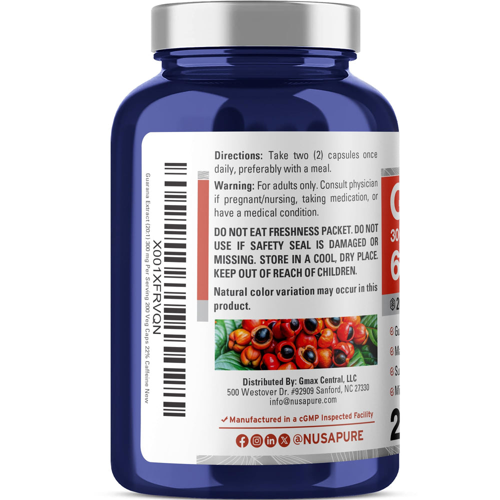 NusaPure Guarana packaging hero showing 200 count vegan capsules and US made claim