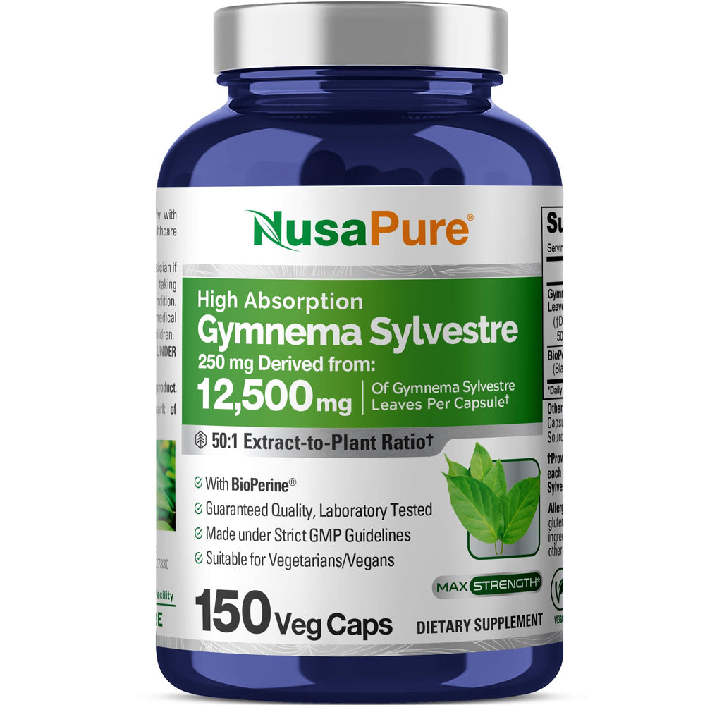 NusaPure Gymnema Sylvestre 50:1 extract label showing 12,500 mg per capsule