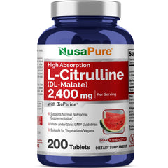 NusaPure L-Citrulline bottle-front shows 2,400 mg potency for endurance.