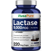 Front view of NusaPure Lactase Enzyme 9000 FCC bottle with 220 vegetarian capsules