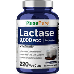 Front view of NusaPure Lactase Enzyme 9000 FCC bottle with 220 vegetarian capsules