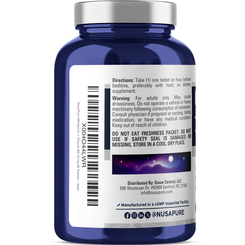 NusaPure Melatonin + Vitamin B6 bottle label with 60 tablets