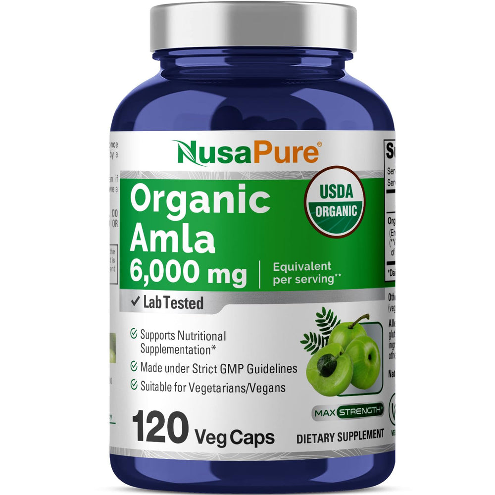 Bottle of NusaPure Organic Amla Capsules with 120-count label