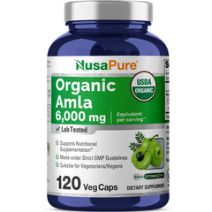 Bottle of NusaPure Organic Amla Capsules with 120-count label