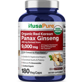 Bottle of NusaPure Red Korean Panax Ginseng 20:1 extract with 180 capsules