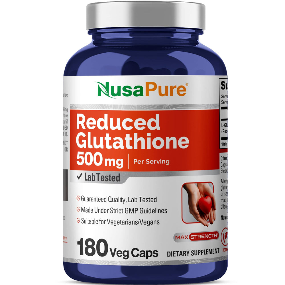 NusaPure Reduced Glutathione 500mg bottle with 180 vegan capsules