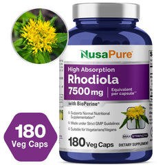 NusaPure Rhodiola Rosea bottle on desk for daily wellness routine.