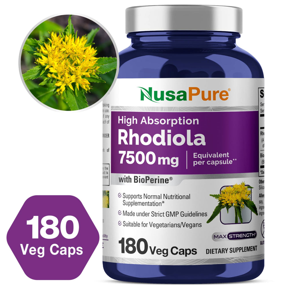 NusaPure Rhodiola Rosea vegan gluten-free symbol on label.