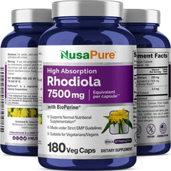 NusaPure Rhodiola Rosea vegan gluten-free symbol on label.