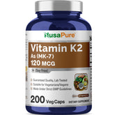 Front view of NusaPure Vitamin K2 MK-7 120 mcg 200 veggie caps bottle